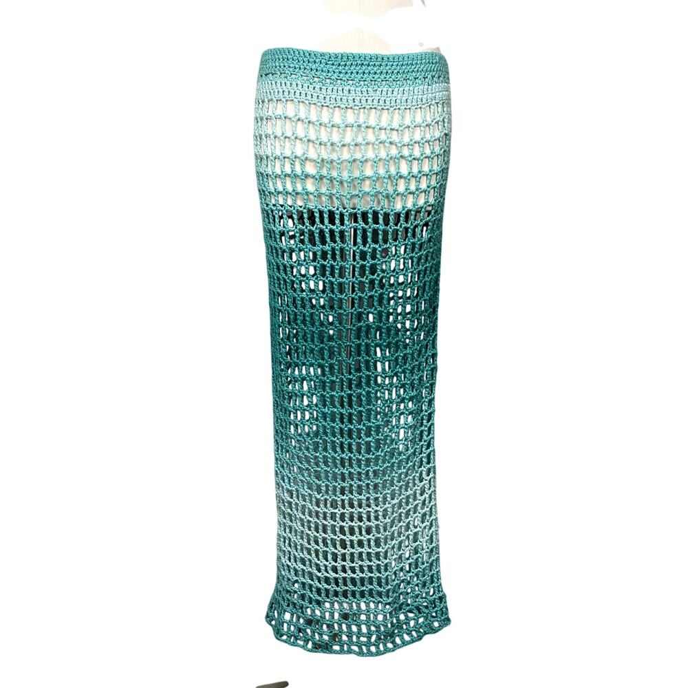 Corchet Blue Teal Ombre Sheer Maxi Skirt Cover Up Festival Boho Hippie Mermaid